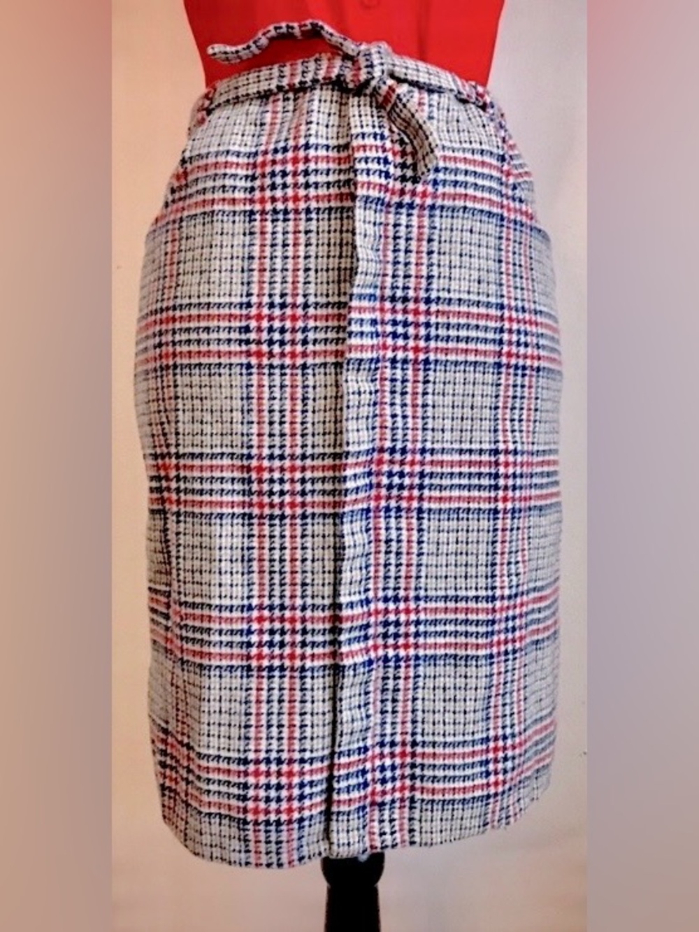 Vintage Plaid Wool Pencil Skirt-Khaki Beige, Red, Blue: Waist Tie, Sz. M/ Sz. 8 - Picture 2 of 7